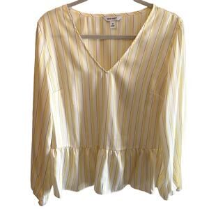 Nine West Yellow Striped Long Sleeve V-Neck Lightweight Blouse Size M